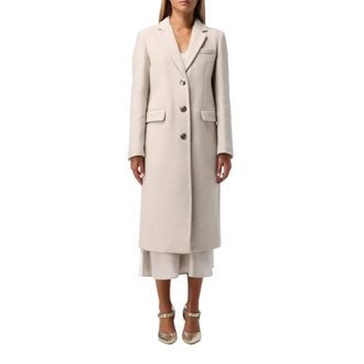 Liu Jo Single-Breasted Coats, female, Beige, Size: XL Long Wool Coat Notch Neck