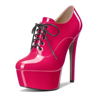 Castamere Women High Platform Stiletto Heel Round Toe Lace-up Zipper Wedding Sexy Dress 15 CM Heels Magenta Peach Red 5.5 UK