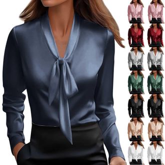 Generic Navy Satin Blouse for Women UK Elegant V Neck Tie Knot Silk Party Tops Fashion Long Sleeve Vintage Office Work Shirts Casual Shiny Tunic Shirt Streetw