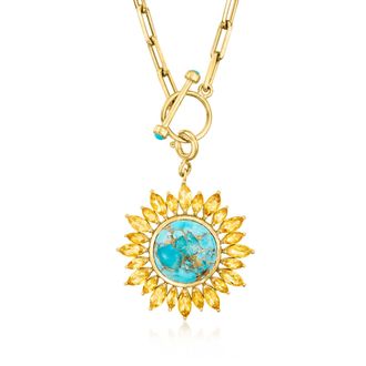 Ross-Simons Turquoise and Citrine Sunflower Toggle Necklace in 18kt Gold Over Sterling