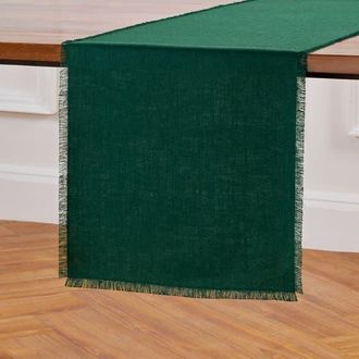 Solino Home Linen Table Runner for Dining Table, Holiday and Everyday Table Decor - Fringe in Evergreen at Nordstrom, Size X-Large