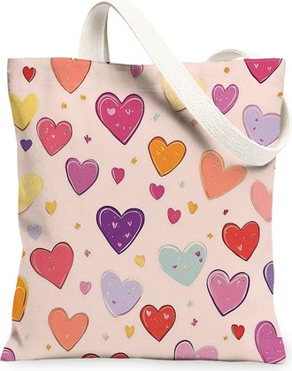 Generic Heart Pattern Canvas Tote Bags, Colorful Love Design Reusable Grocery Bags, Spring Cute Lightweight Washable Shoulder Strap Canvas for Travel Picnic 1