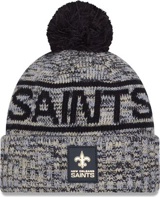 New Era Mens Black New Orleans Saints 2025 Sideline Cold Weather Cuffed Knit Hat with Pom