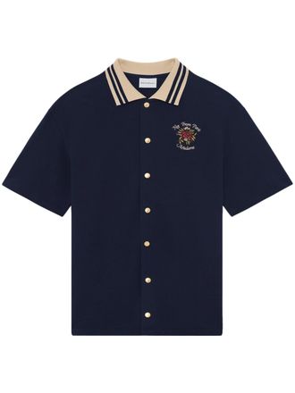 Dr&ocirc;le de Monsieur Short-Sleeved Navy Pique Shirt with Contrasting Beige Collar