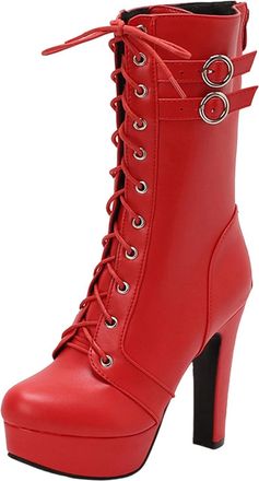 Generic Red Ladies Nude Boots with High Heel and Belt Buckle Lace-Up Design Comfortable and Fashionable for Cool Weather