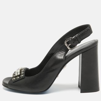 Loriblu Black Leather Crystal Embellished Peep Toe Slingback Pumps