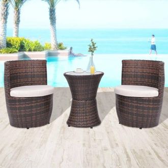 vidaXL Set Mesa Y Sillas De Jard&iacute;n 3 Pzas Y Cojines Poli Rat&aacute;n Marr&oacute;n Vidaxl