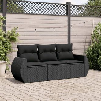 vidaXL Set De Sof&aacute;s De Jard&iacute;n Con Cojines 3 Pzas Rat&aacute;n Sint&eacute;tico Negro Vidaxl