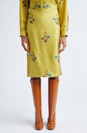 Marni Tulip Print Pleated Silk Twill Midi Skirt in Citronelle at Nordstrom, Size 6 Us