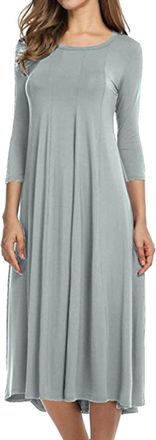 Generic Long Sleeve A Line Midi Dress for Women - Fall Casual Pleated Flowy Hem Style Ideal for Daily & Leisure Outings(Grey, XL)