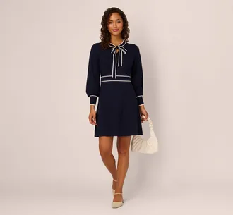 Adrianna Papell Long Sleeve Contrast Tipped Sweater Dress In Blue Moon Ivory