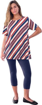 Roaman's Plus Size Ultimate Cotton Crewneck Short Sleeve Swing Tee in Evening Blue Diagonal Stripe at Nordstrom, Size Medium