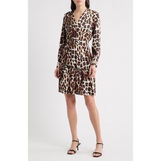 Anne Klein Long Sleeve Leopard Print Minidress in Ivory Shell Multi at Nordstrom, Size X-Small