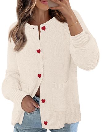 Merokeety Womens Cardigan Sweaters 2025 Trendy Long Sleeve Button Up Crewneck Knit Tops Cute Open Front Winter Coats, Beige, M