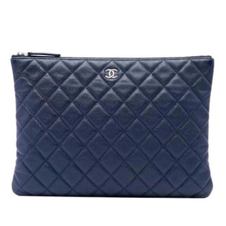 Chanel Pre-owned Quilted Caviar Leather Clutch - Dames - Pre-owned - Blauw - Maat: ONE Size Leer