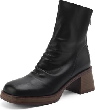 TinaCus Handmade Womens Genuine Leather Back Zip Square Toe Low Block Heel Slouch Ankle Boots, Black, 6 UK