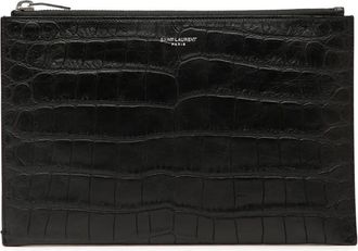 Saint Laurent Custodia per tablet in pelle goffrata effetto coccodrillo con zip 2016 - Nero