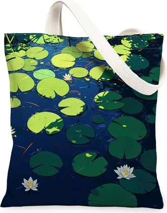 Generic Spring Water Lily pad Canvas Tote Bag for Shopping 13x15, Garden Lotus Leaf Landscape Reusable Grocery Print Bag for Women Men, Cool Floral Aesthetic 