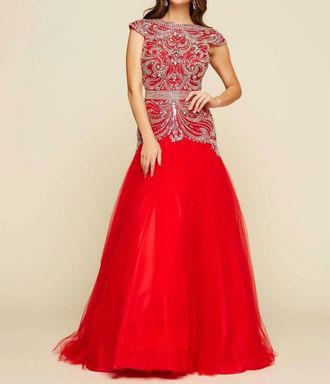 Mac Duggal Cap Sleeve Ornate Illusion Trumpet Gown In Red