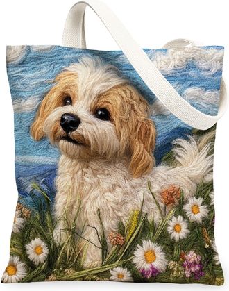 Generic Spring Cavachon Dog Canvas Tote Bag for Shopping 13x15, Knitting Style Garden Puppy Reusable Grocery Print Pattern Bag for Women, Fun Pet Beach Aesthe