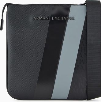 A|X Armani Exchange Mens Dylan, Essential, Stripe Detail Flat Crossbody, Black/Black, Black, One Size