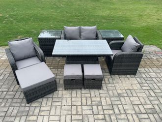 Fimous Rattan Furniture Outdoor Garden Dining Set Patio Height Adjustable Rising lifting Table Love Sofa With Side Tables in Dark Grey