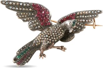 Luxury Bazaar Antique 14K Rose Gold and Silver Emerald, Seed Pearl, and Garnet Bird Brooch MF08-080726
