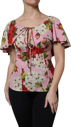 Dolce & Gabbana Womens Pink Floral Silk Short Sleeves Blouse Top Elastane