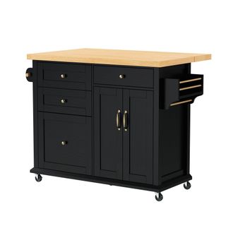 STILVORA Carro De Cocina Con 2 Puertas, Cajones, Encimera Extensible, Toallero Y Ruedas En Mdf 107 X 45-70 X 90.5 Cm Negro Y Natural