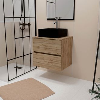 Aurlane Aurlane - Mueble De Ba&ntilde;o 60cm Cajones Roble Natural+lavabo Cuadrado Negro 41x41x15cm