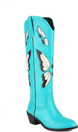 Generic Womens Mid Chunky Heel Western Cowboy Boots Round Toe PU Leather Cowgirl Boots with Embroidery Stitched Pull on Knee High Boot,Blue,6.5 UK