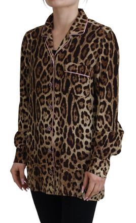 Dolce & Gabbana Womens Brown Leopard Print Long Sleeves Blouse Top Silk