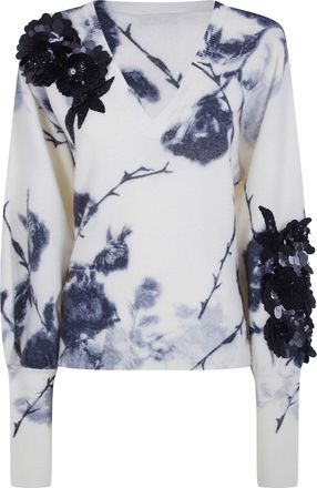 Blumarine Sweater Wool Blend Rose Print And Embroidered