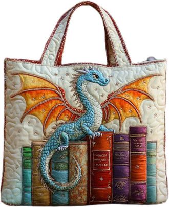 Generic Vintage Quilted Tote Bag for Women, Aesthetic Cotton Shoulder Bag with Literary Book & Floral Embroidery Lightweight Hobo Purse for World Book Day & M