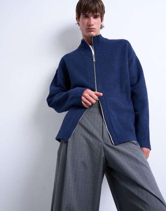 Topman Cardigan blu navy con zip doppia e collo a imbuto