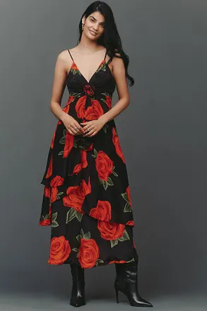 Farm Rio A-Line V-Neck Rosette Maxi Dress