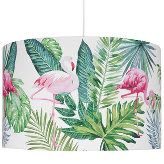 Beliani L&aacute;mpara Colgante Con Forma De Tambor De Tela Blanca Con Hojas Y Flamencos Estampado Estilo Moderno Flamingo
