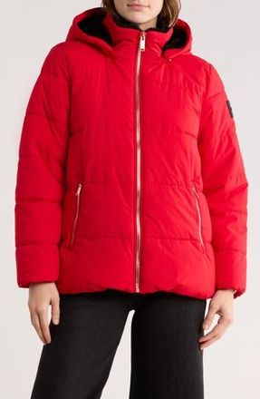Calvin Klein Faux Fur Lined Hood Puffer Jacket in Red Light /Black at Nordstrom Rack, Size X-Large