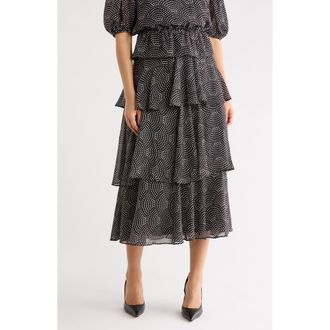 T Tahari Tiered Print Skirt in Black/Ivory Scalloped Dots at Nordstrom Rack, Size X-Large