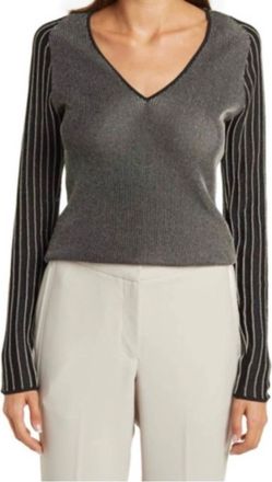 Reiss Esta Metallic Rib Knit Top In Black