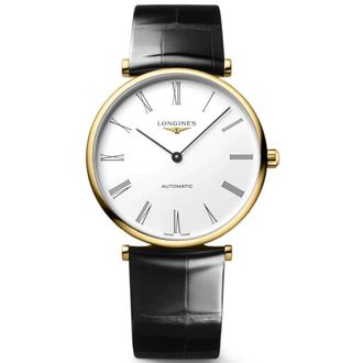 Longines La Grande Classique Automatic White Roman Dial Yellow Gold Plated Leather Strap Mens Watch L4.918.2.11.2