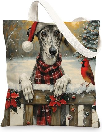 Generic Christmas Greyhound Dog Canvas Tote Bag for Shopping 13x15, Winter Farmhouse Xmas Puppy Reusable Grocery Print Pattern Bag for Women, Happy New Year B