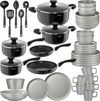 TecTake Juego de cocina, 45 piezas, 6 personas, apto lavavajillas, gris/negro