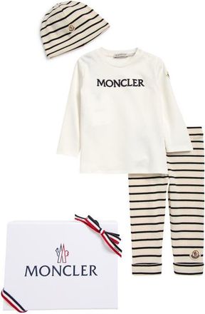 Moncler Logo Graphic T-Shirt, Stripe Leggings & Beanie Set in Blue at Nordstrom, Size 1-3M