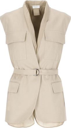 Brunello Cucinelli Beige Katoenen Vest met V-hals - Dames - Bodywarmers - Beige - L - Katoen - Jassen