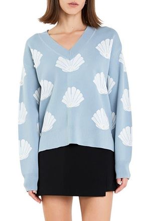 English Factory Shell Motif Sweater in Sky Blue/White at Nordstrom, Size Small