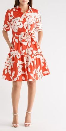 Calvin Klein Floral Short Sleeve Cotton Shirtdress in Ginger/Cream at Nordstrom Rack, Size 14