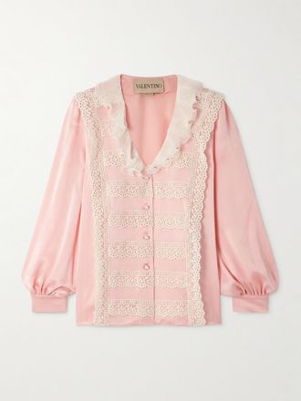Valentino Garavani Blusa In Crêpe Di Seta Con Finiture In Chiffon Plissé E Pizzo - Rosa