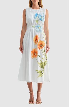 Mila Mae Floral Print Cinched Waist Sleeveless Midi Dress in White Floral at Nordstrom, Size X-Large