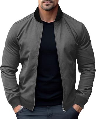 Generic Mens Solid Zipper Jacket Casual Plus Size Loose Baseball Jackets Coat Dark Gray M